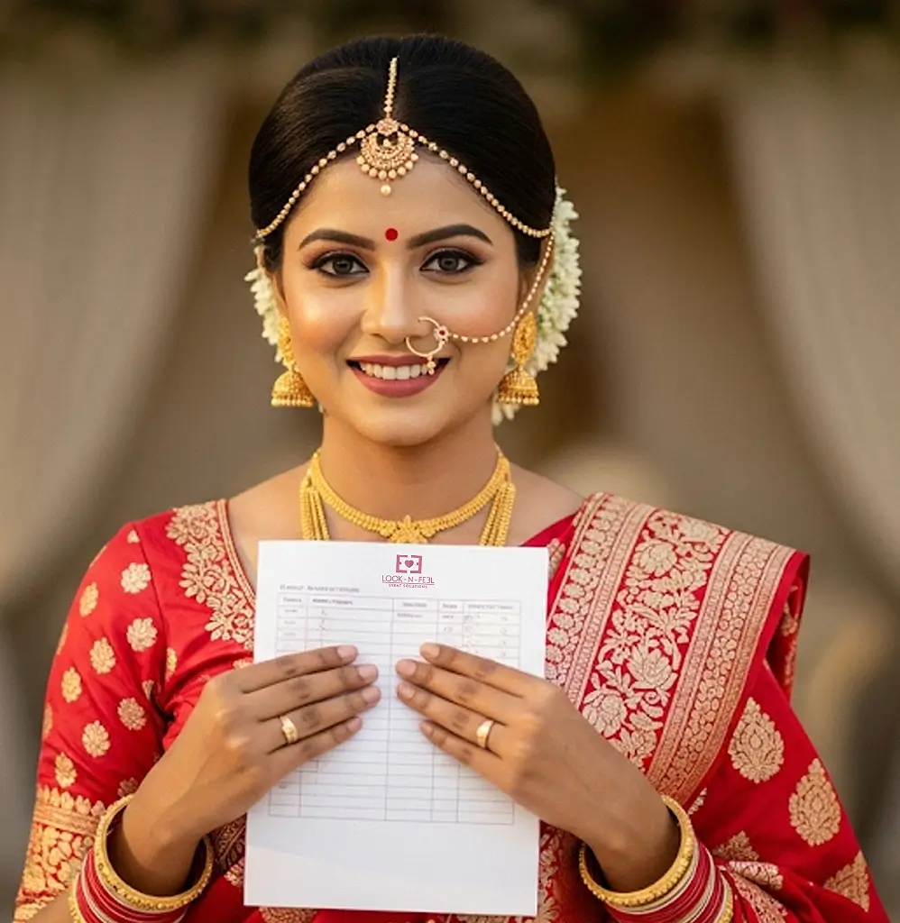 Joyful Bangladeshi bride, radiant smile, holding event planning document for budget-conscious wedding.