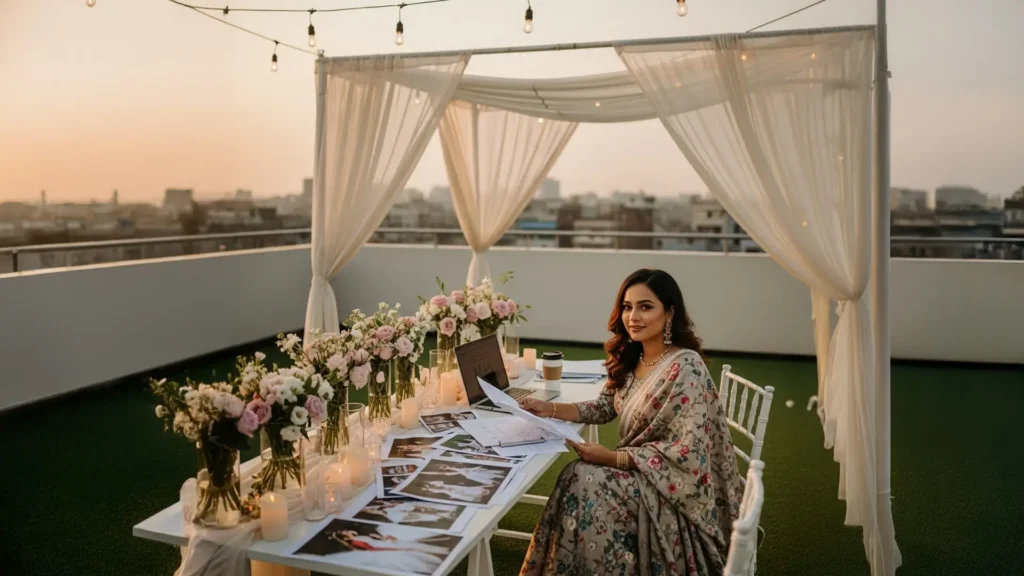 Elegant female event planner working on a rooftop, surrounded by floral decor and city views at sunset.