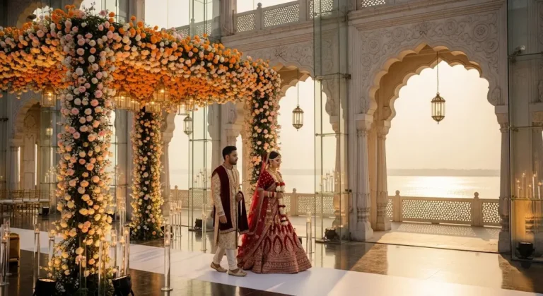 A bride and groom in traditional red and maroon attire walk down a floral-canopied aisle at an elegant waterfront wedding ceremony in Bangladesh.