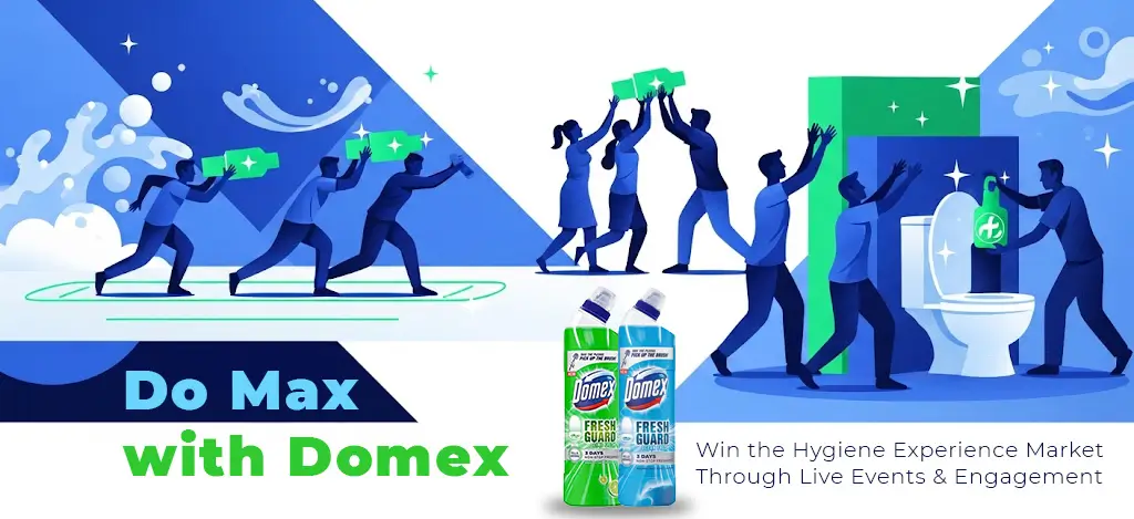 A modern, stylized illustration of a Domex hygiene campaign in Bangladesh, showing people in a relay race and working together to clean a toilet. The image features the "Do Max with Domex" slogan and Domex Fresh Guard products, illustrating winning the hygiene market through live events.