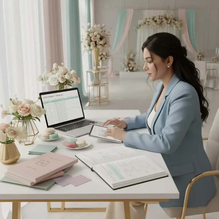 Bangladeshi female event planner reviewing pricing and event packages at a stylish desk with pastel décor and floral samples.