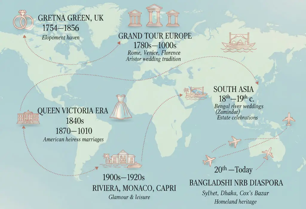 Infographic map showing the history of destination weddings worldwide, from Gretna Green elopements in 1754 to modern Bangladeshi NRB heritage weddings. Highlights Grand Tour Europe weddings, Queen Victoria’s white gown, Dollar Princess transatlantic marriages, Riviera and Monaco luxury destinations, Bengal Zamindar river weddings, and contemporary heritage celebrations. Features clear text, elegant icons, and travel routes to illustrate global wedding traditions.