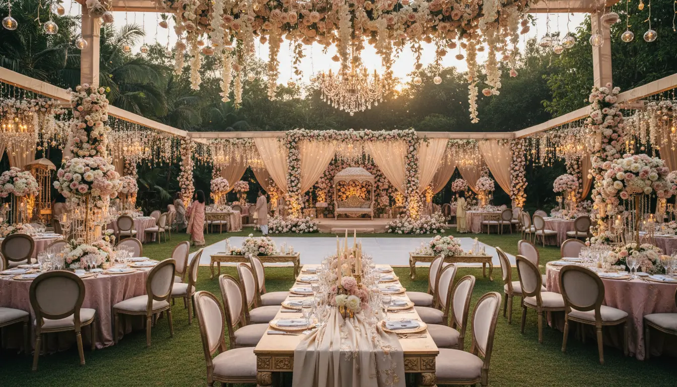 An elegant design-led luxury wedding in Dhaka with blush, ivory, and gold décor, floral arrangements, cultural Bangladeshi elements, and perfect guest flow by Look N Feel - Event Solutions