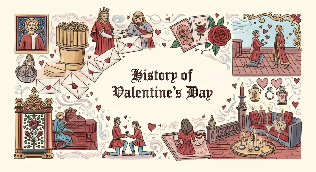 Hand-drawn medieval-style illustration showing the history of Valentine’s Day from ancient Roman rituals to medieval Europe, Victorian romance, and modern rooftop proposals and candlelight celebrations in Dhaka, Bangladesh for NRBs (Non-Resident Bangladeshis) and foreign nationals
