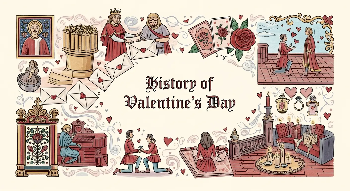 Hand-drawn medieval-style illustration showing the history of Valentine’s Day from ancient Roman rituals to medieval Europe, Victorian romance, and modern rooftop proposals and candlelight celebrations in Dhaka, Bangladesh for NRBs (Non-Resident Bangladeshis) and foreign nationals