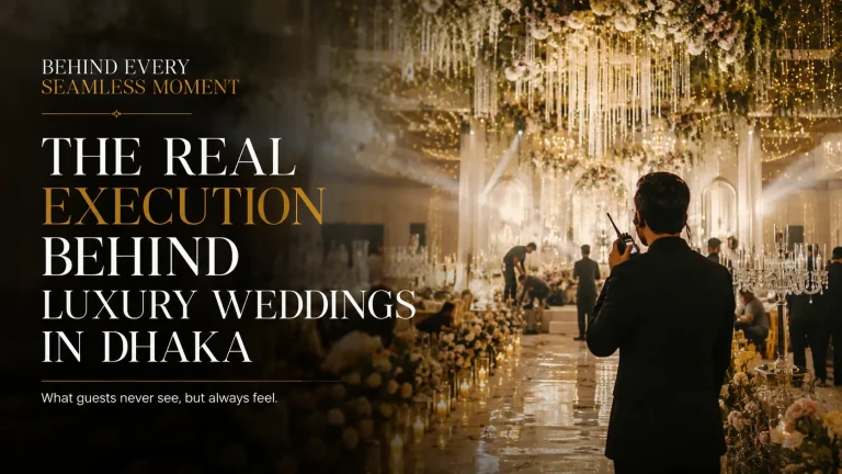 A professional luxury wedding coordinator with a walkie-talkie managing a beautifully lit premium wedding venue execution in Dhaka by Look N Feel.