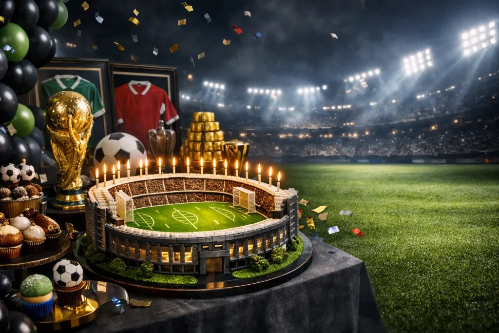 FIFA World Cup Themed Birthday Party: The Complete Guide for Kids & Adults 3 Luxury FIFA World Cup themed birthday party setup featuring a football stadium cake, championship trophy, football decorations, green turf styling, balloons, and premium birthday decor in Dhaka Bangladesh.