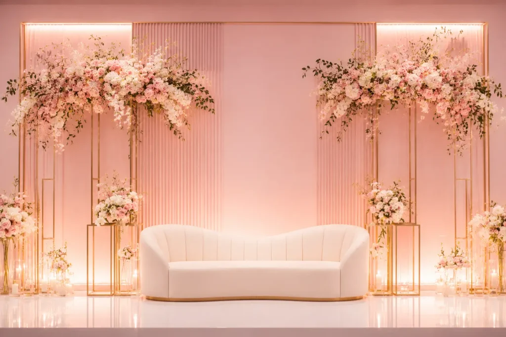 Modern pastel pink wedding stage designed for European families planning weddings and celebrations in Dhaka Bangladesh with elegant floral styling and luxury event decor.