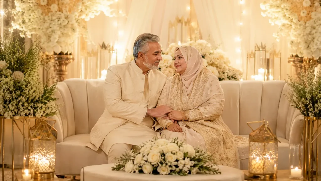 Vow Renewal Ceremony in Bangladesh: Celebrating Enduring Love with Meaning, Faith, and Elegant Style 3 Elegant vow renewal ceremony in Dhaka Bangladesh featuring a Muslim couple celebrating their silver jubilee with ivory decor, warm lighting, and intimate anniversary styling.