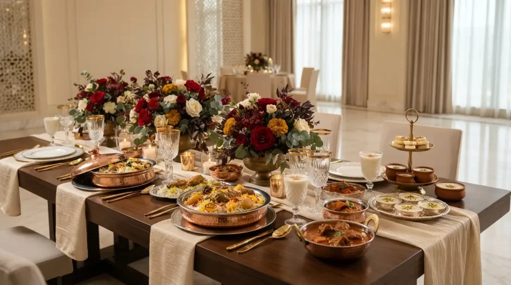 Luxury Bangladeshi wedding banquet with Kacchi Biryani, Morog Polao, Chicken Roast, Beef Rezala, Borhani, Firni, elegant floral décor, and contemporary reception styling in Dhaka, Bangladesh.