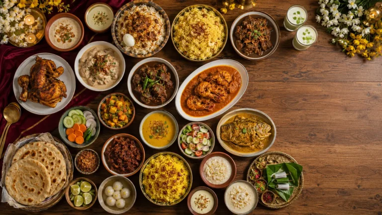 Overhead editorial flat lay of authentic Bangladeshi Muslim wedding food including Kacchi Biryani, Morog Polao, Chicken Roast, Beef Bhuna, fish, desserts, Borhani, and traditional dishes arranged on a handcrafted wooden table.