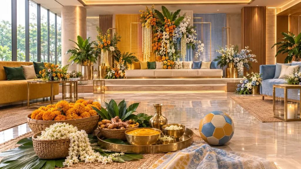 Luxury contemporary Bangladeshi Gaye Holud venue in Dhaka featuring a Brazil and Argentina inspired floral stage with marigolds, jasmine, turmeric ceremony setup, handcrafted dual colour leather football, Jamdani accents and modern architectural interiors.