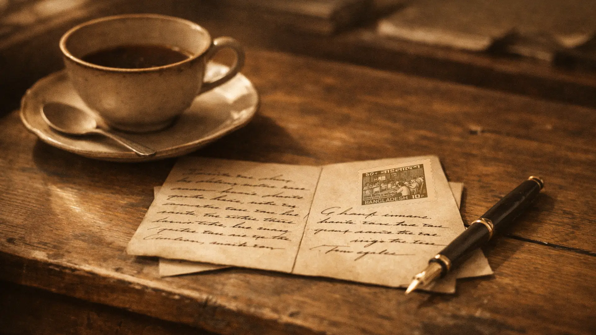 A handwritten letter and vintage fountain pen rest on a wooden desk beside a cooling cup of tea