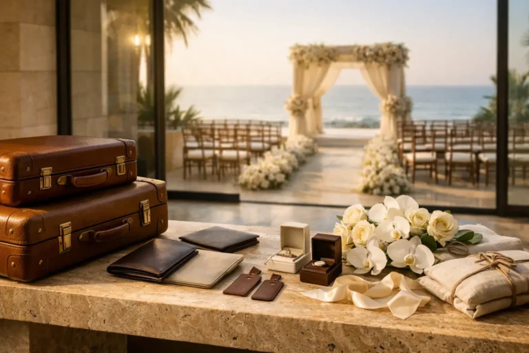 Luxury destination wedding setup at a Bangladesh coastal resort with travel luggage overlooking an elegant ceremony space before guests arrive.