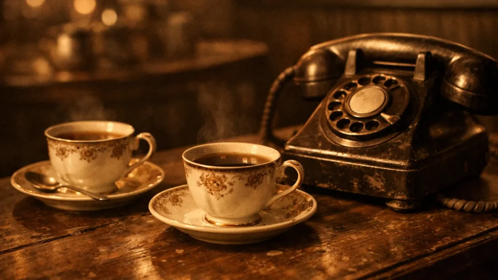 Two vintage teacups rest on saucers beside an old rotary telephone on a worn café table