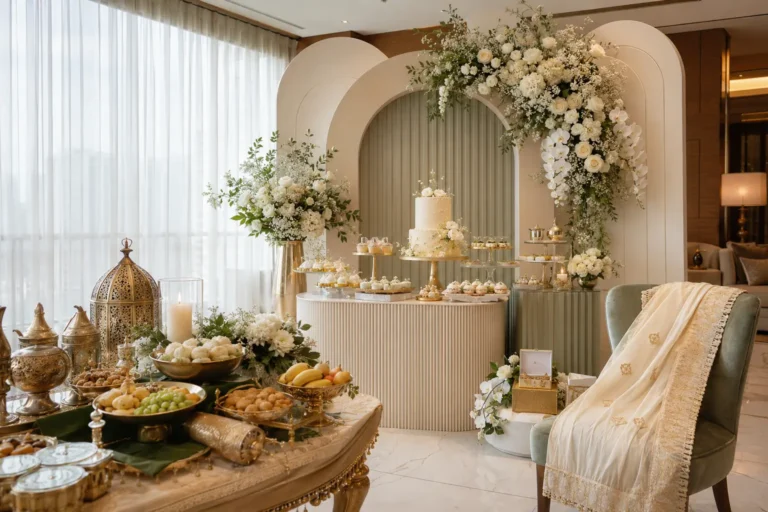 Luxury modern Shaad ceremony and Muslim baby shower decoration with elegant floral backdrop, dessert table, Jamdani saree styling, and authentic Bangladeshi décor in Dhaka.