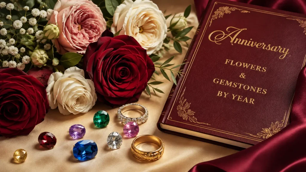 Elegant arrangement of anniversary flowers, colorful gemstones, and wedding rings representing traditional anniversary flowers and gemstones by year.