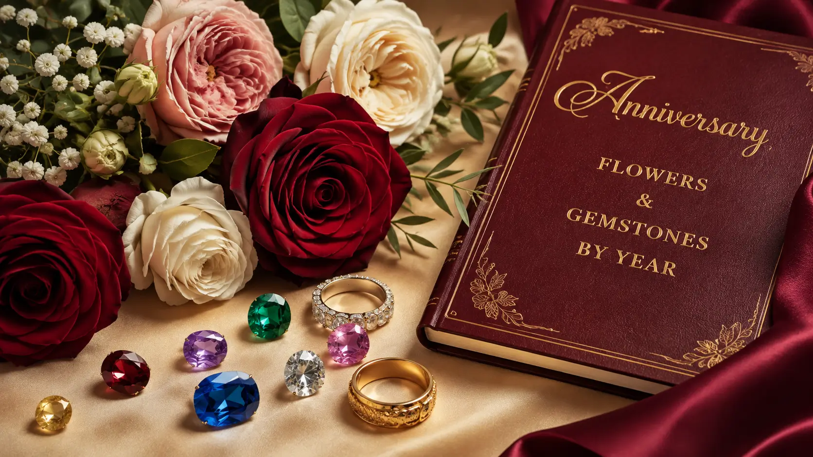 Elegant arrangement of anniversary flowers, colorful gemstones, and wedding rings representing traditional anniversary flowers and gemstones by year.