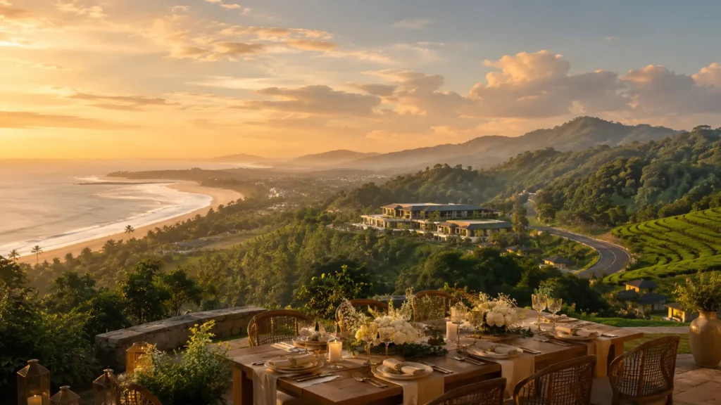 Luxury outdoor wedding setting overlooking Bangladesh's coastal and green hill landscape at golden hour