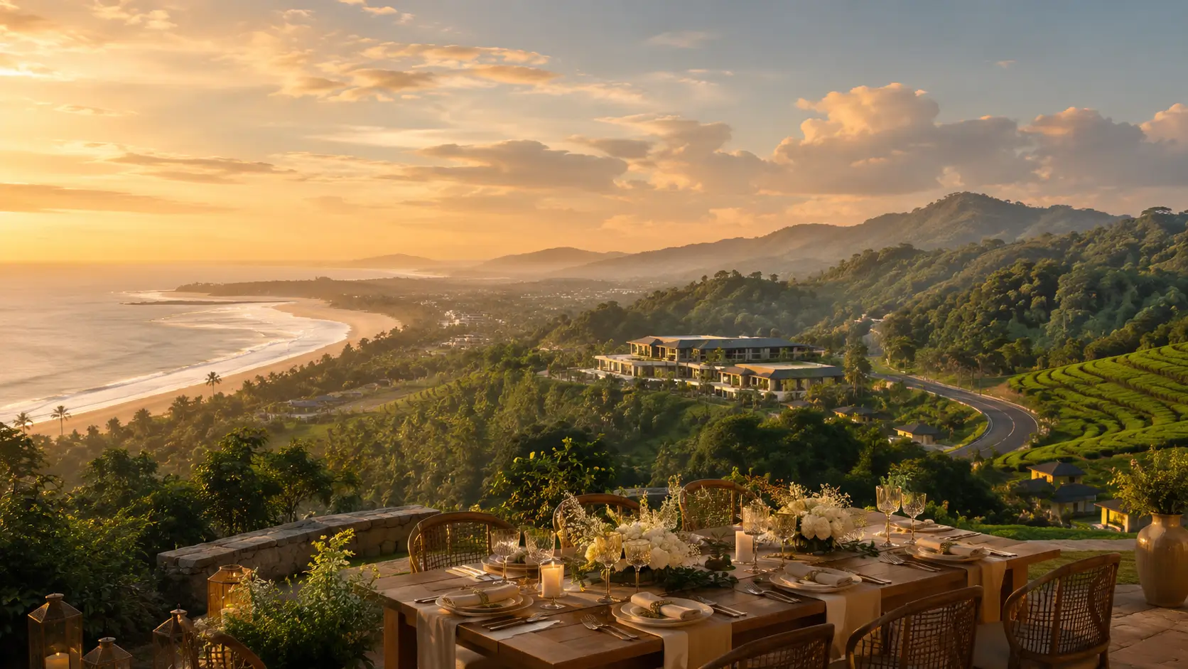 Luxury outdoor wedding setting overlooking Bangladesh's coastal and green hill landscape at golden hour