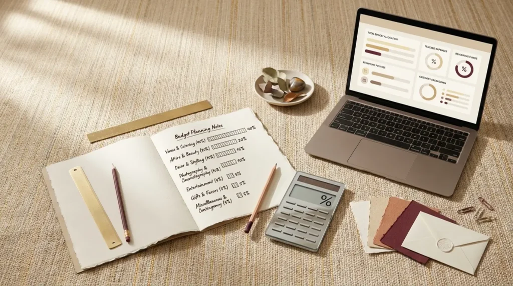 Wedding budget planning with a calculator, notebook and laptop showing budget categories