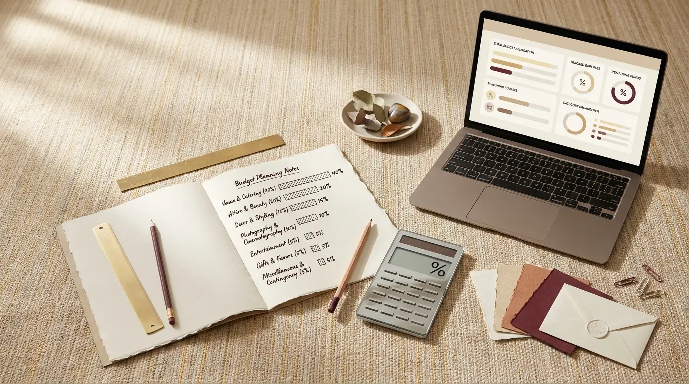 Wedding budget planning with a calculator, notebook and laptop showing budget categories