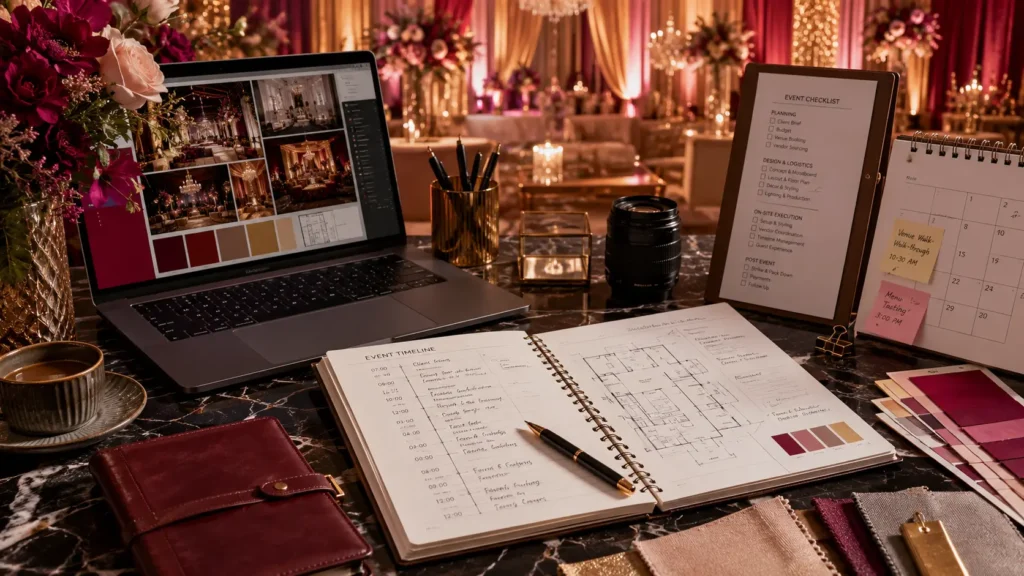 What Does an Event Planner Actually Do? A Real Day Inside Look N Feel 2 uxury event planning workspace with timeline, floor plans and wedding design details in Dhaka