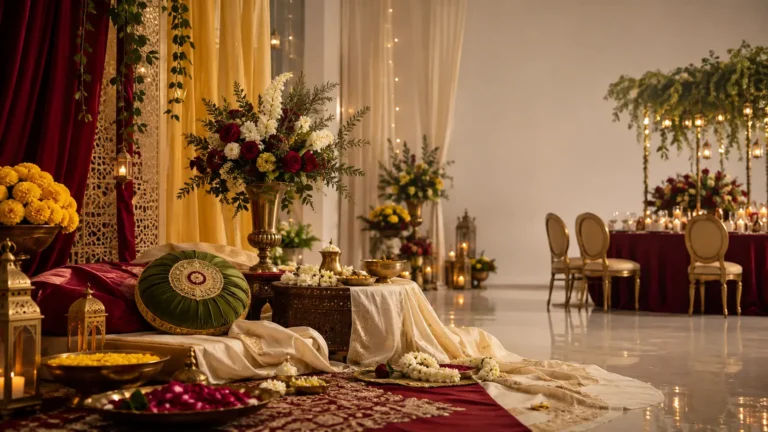 Luxury Bangladeshi wedding setting with burgundy draping, ivory fabrics, florals and candlelit reception décor in Dhaka