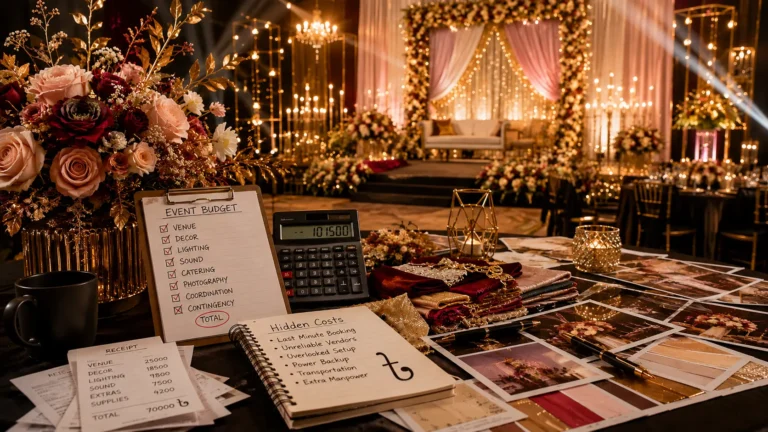 6 Event Budgeting Mistakes in Dhaka That Quietly Cost You More 8 Event budgeting mistakes in Dhaka shown through an event budget, hidden costs, receipts, and luxury wedding planning details