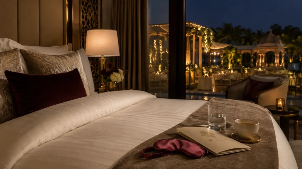 Luxury hotel bedroom prepared for a destination wedding guest