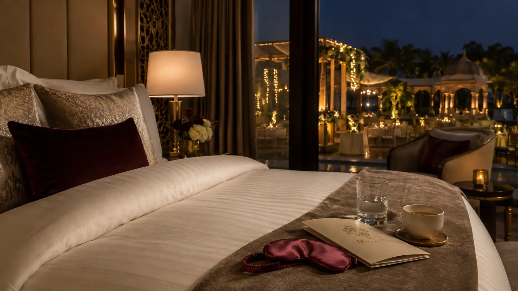Luxury hotel bedroom prepared for a destination wedding guest