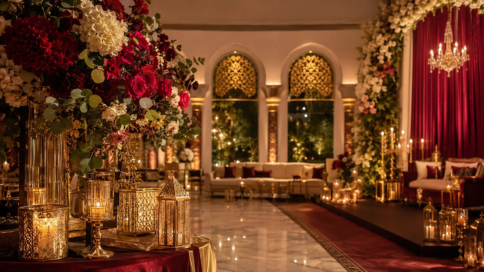 Luxury wedding venue setup in Dhaka illustrating local wedding planning, venue visits, décor approvals, and in person wedding coordination for families in Bangladesh.